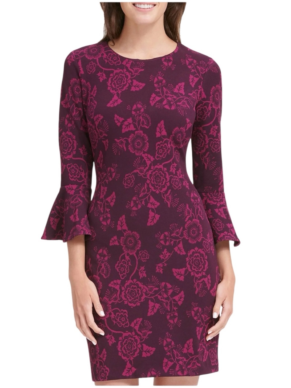 Tommy Hilfiger Burgundy Floral Sheath Dress with Bell Sleeves